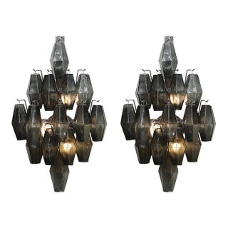 Pair of Modernist Smoked Gray Murano Glass Diamond-Form Polyhedral Wall Sconces For Sale