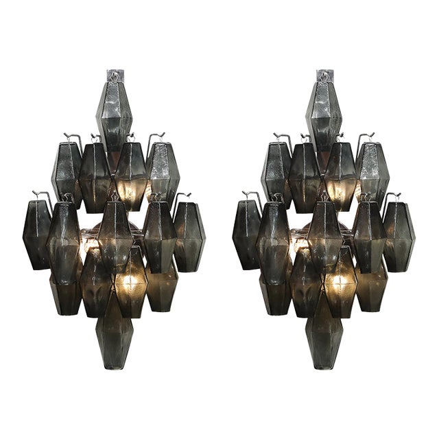 Pair of Modernist Smoked Gray Murano Glass Diamond-Form Polyhedral Wall Sconces For Sale