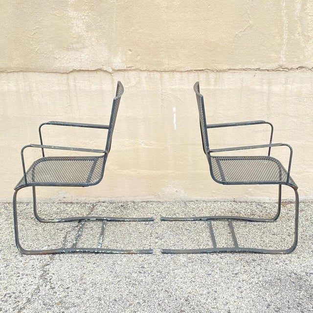 Mid-Century Modern Mid 20th Century Modern Wrought Iron Metal Mesh Cantilever Garden Patio Chair - Pair For Sale - Image 3 of 10