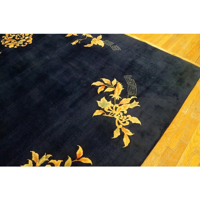 1930s Blue Navy Floral Modern Antique Chinese Art Deco Carpet 8'10" X 11'8" Handknotted Wool Rug For Sale - Image 11 of 12