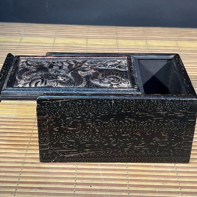 Black Carved Hardwood Sliding Jewelry Box With Flying Dragon Relief For Sale - Image 8 of 9