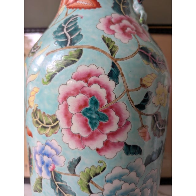 Turquoise Large Hand-Painted Turquoise Porcelain Floor Vase, 23.5” For Sale - Image 8 of 9