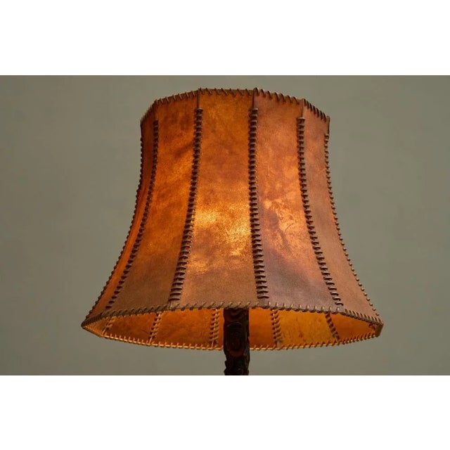 Floor Lamp in Hand-Carved Wood with Leather Shade, Early 20th Century For Sale - Image 3 of 13