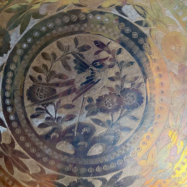 Mid-Century Oversized Hand-Engraved Brass Tray With Birds & Animal Motifs For Sale - Image 4 of 9