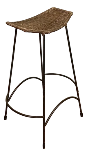 Vintage 1960s Iron & Wicker Arthur Umanoff Style Barstool Mid-Century Modern