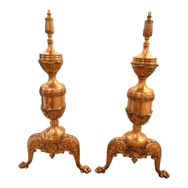Pair of Vintage Japanese Solid Brass Claw Foot Andirons For Sale