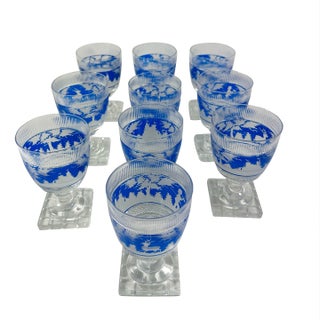 Mid 19th Century Bohemian Blue Overlay Cut Glass Goblets - Set of 10 For Sale