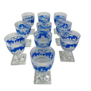 Mid 19th Century Bohemian Blue Overlay Cut Glass Goblets - Set of 10