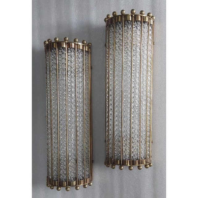 1940s Pair Vintage Art Deco Wall Sconces in Brass & Ribbed Glass Rod Ship Light For Sale - Image 5 of 5