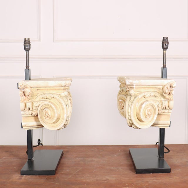 Wonderful pair of table lamps with plaster capital decoration and a 2m long braided cable. 1920. (Height below is measured...