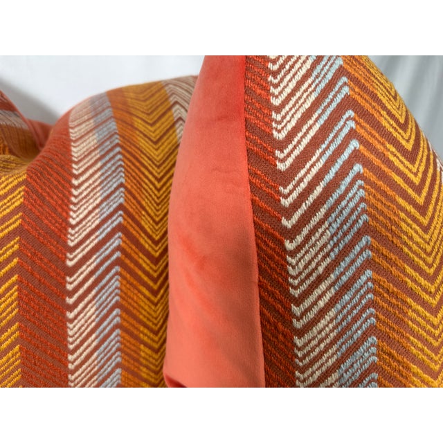 Custom pair of 22" pillows covered in Jane Churchill "Medina Stripe" in color red and backed in a coordinating Belgium...