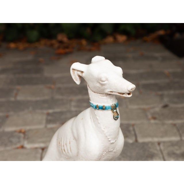 White Vintage Italian Midcentury Porcelain Greyhound Dog Sitting on Blue Cushion For Sale - Image 8 of 11