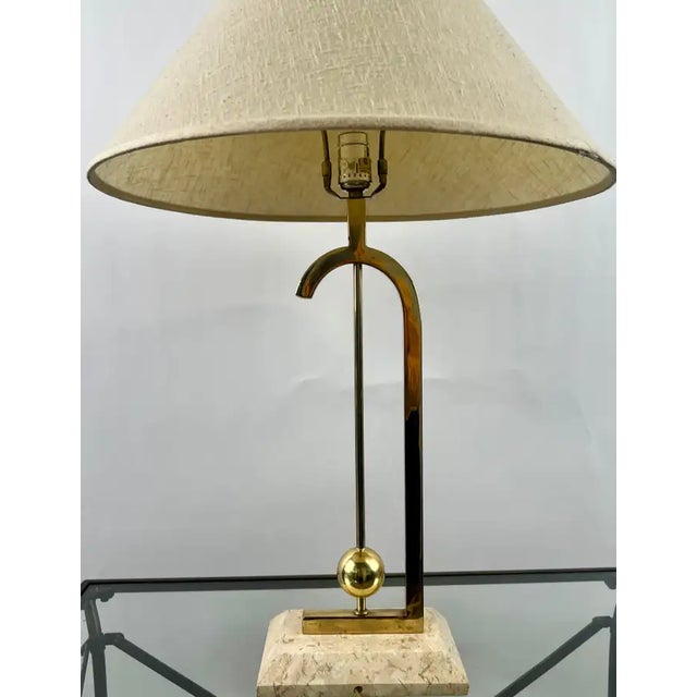1960s Mid-Century Modern Brass Table Lamp W Marble Base & Original Fabric Shade, Pair For Sale - Image 4 of 16
