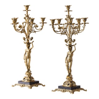 Polished Brass Woman Candelabra Candleholders- Set of 2 For Sale
