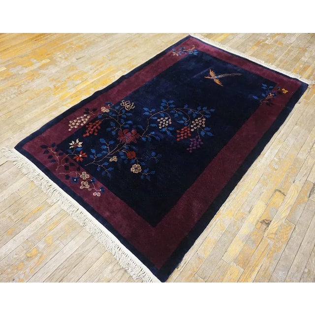 1920s Chinese Art Deco Carpet ( 4'1" x 6'8" - 125 x 205 ) Antique 1920s Rectangle Floral Hand Knotted Pile Blue Wool Rug,...