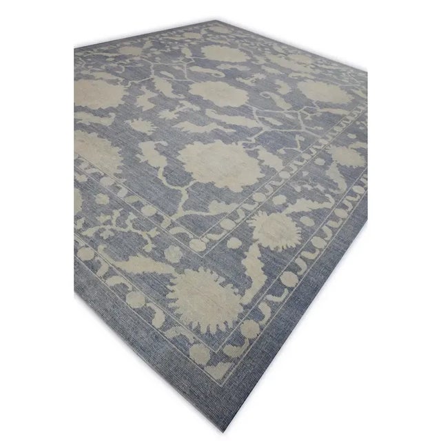 Modern Turkish Oushak Rug Handwoven Wool Blue Floral Design Rug 12'3" X 15' For Sale - Image 3 of 8