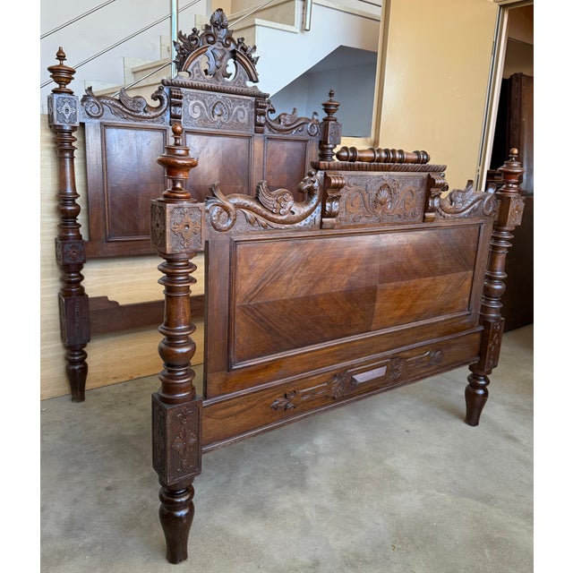Early 20th Century French Louis XVI Style Walnut Carved Bed Frame, Baroque, Full/ Queen Size For Sale - Image 17 of 18