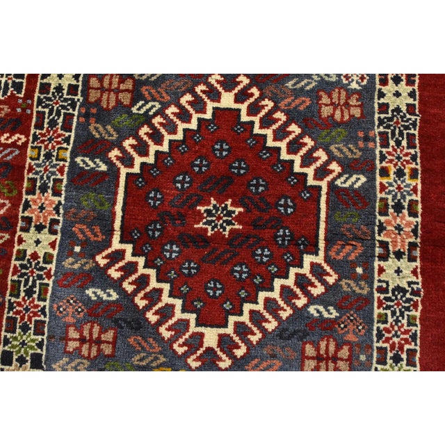 Textile Yalameh Rug 3'5'' X 4'11'' Red Wool Vintage Tribal Hand-Knotted Oriental Carpet For Sale - Image 7 of 12