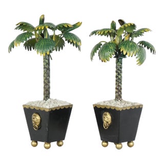 Mid 20th Century Pair of Hollywood Palm Beach Regency Tole Topiaries For Sale
