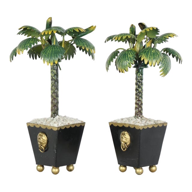 Mid 20th Century Pair of Hollywood Palm Beach Regency Tole Topiaries For Sale