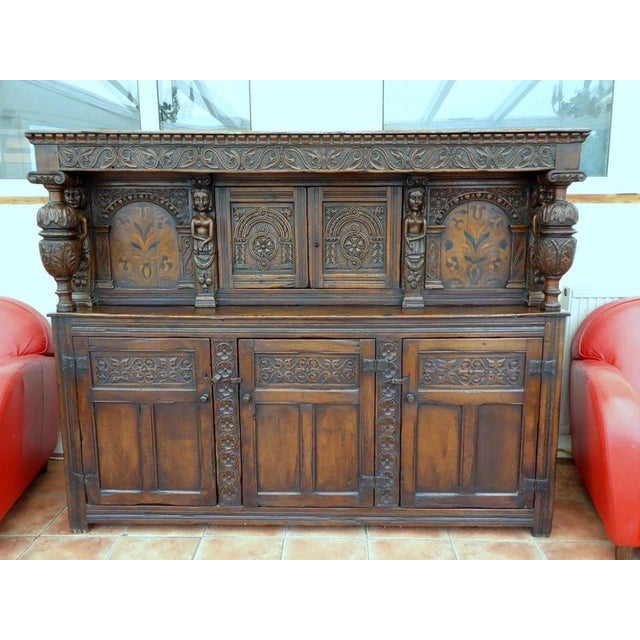 Fine 18th Century Country Oak Court Cupboard with Marquetry Inlay, circa 1750 Material: Oak, Marquetry A substantial...