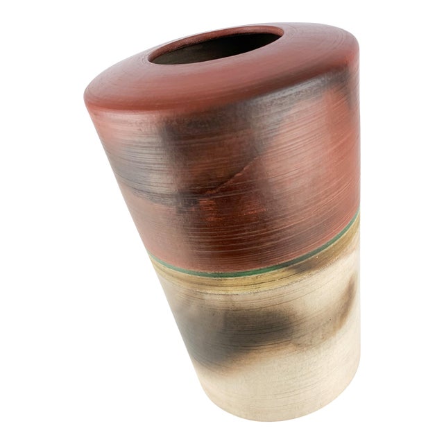 Large Vintage Studio Pottery Vase Nancy Valk Round Brown Signed Raku Stoneware For Sale