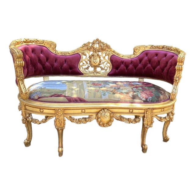 1950s French Louis XVI Gold Beech Velvet Settee For Sale