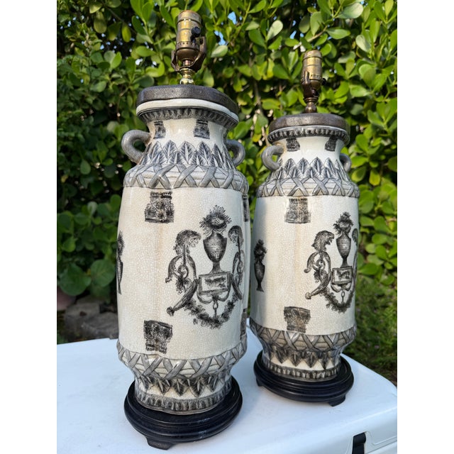 Mid 20th Century Vintage Oversized Crackle Glaze Art Pottery Urn Lamps, Pair For Sale - Image 5 of 11