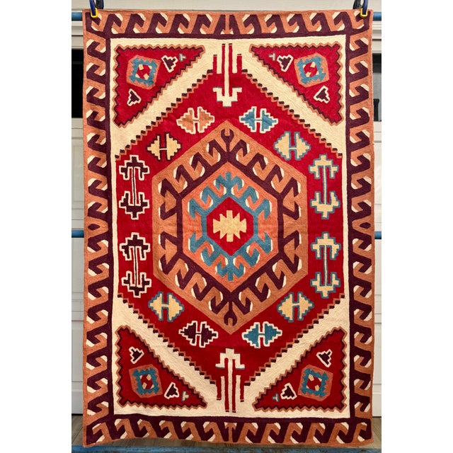 Vintage Indian Wool Chain Stitch Tapestry With Tribal Kilim Design, 4' × 6' For Sale - Image 11 of 12