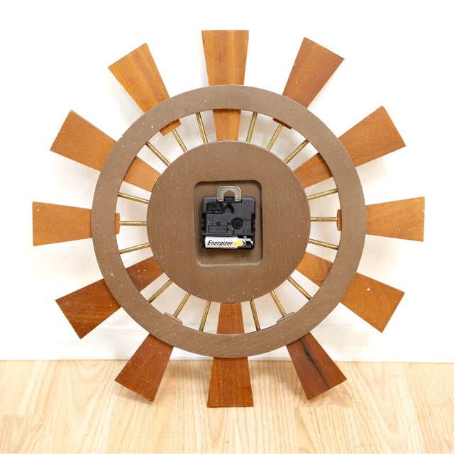 Mid Century Teak Sunburst Wall Clock by Eurostyle For Sale In Los Angeles - Image 6 of 6