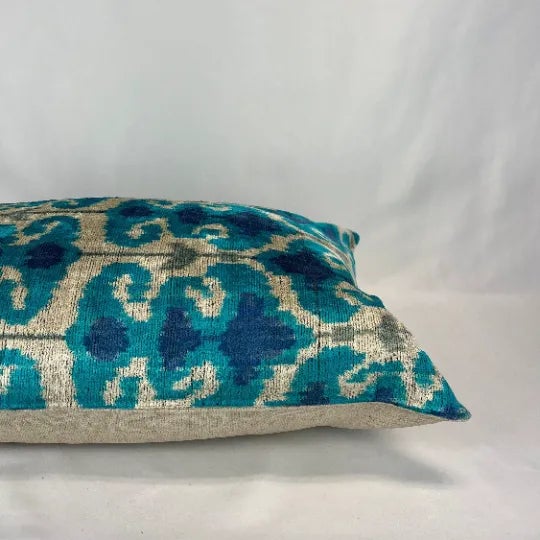 Turkish Modern Blue Velvet Silk Ikat Pillow Cover For Sale - Image 4 of 5