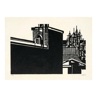 Roger Martin Cityscape MCM Woodcut For Sale