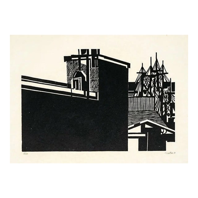 Roger Martin Cityscape MCM Woodcut For Sale
