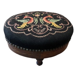 French Needlepoint 19th Century Footstool Rare Phoenix Bird Motif For Sale