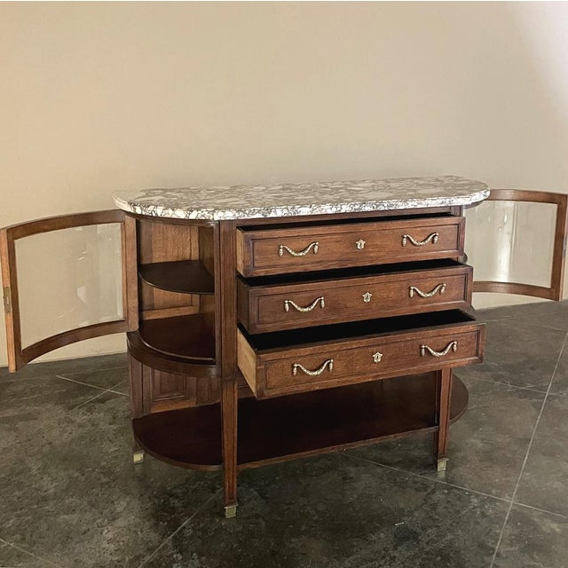 Burnt Umber 19th Century French Louis XVI Walnut Marble Top Parisian Display Buffet For Sale - Image 8 of 15