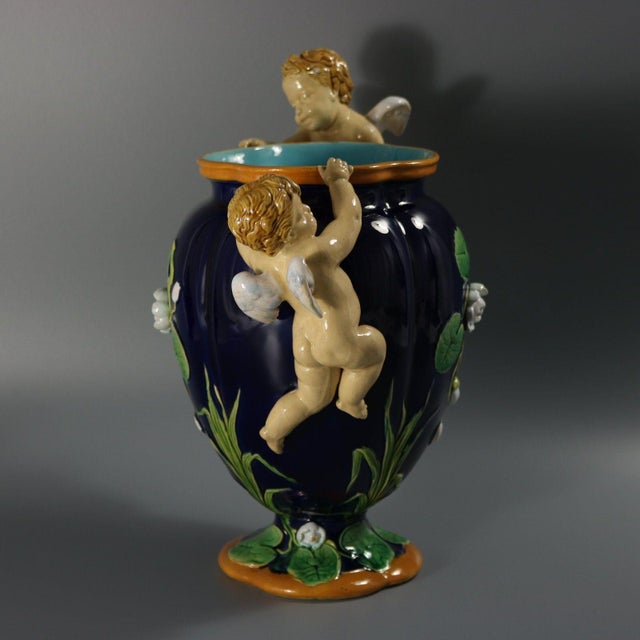 Victorian Minton Majolica Cherubs Vase For Sale - Image 3 of 15