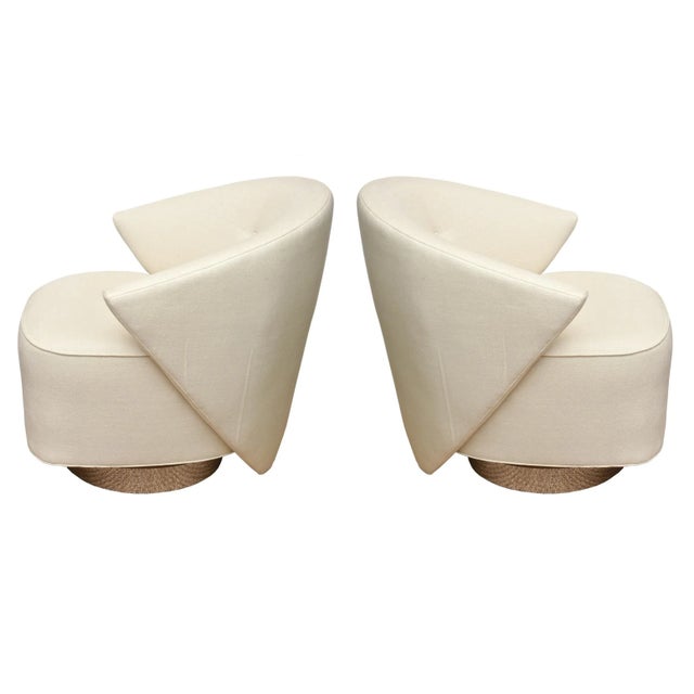 Directional Michael Wolk for Directional Upholstered Sculptural Swivel Chairs With Stainless Steel Bases 1990's Base For Sale - Image 4 of 12