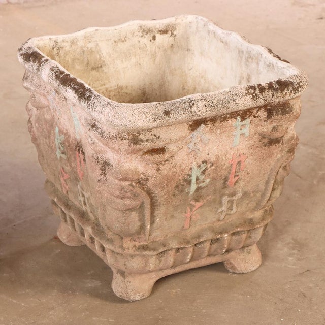 Rustic 1950s Pair of Italian Cast Stone Planters With Face Motifs For Sale - Image 3 of 7