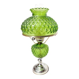 Vintage 1960s Green Glass Hurricane Table Lamp For Sale