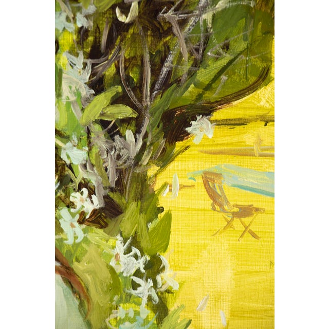 The painting "Jasmine" depicts a serene figure enveloped in lush white blossoms, creating a harmonious blend of nature and...