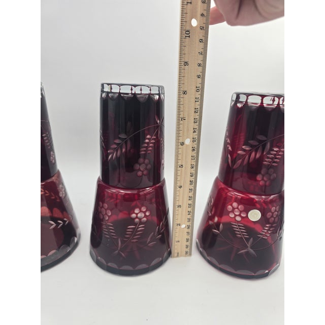 Bohemia Vintage Bohemian Cut to Clear Ruby Bedside Carafe Tumble Up Sets - Set of 6 For Sale - Image 4 of 6