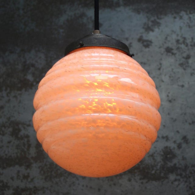 French Pink Reeded Clichy Glass Pendant Lamp For Sale - Image 4 of 9