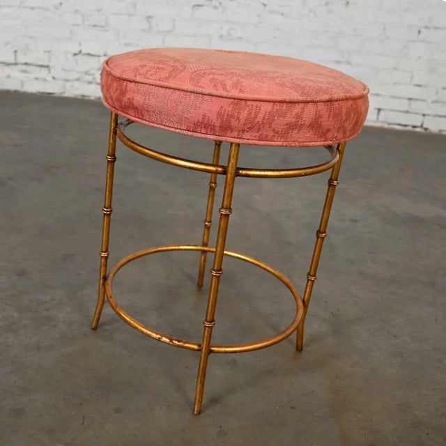 Gold Mid-20th Century Italian Style Round Stool With Rose Damask Seat & Gilt Metal Faux Bamboo Legs For Sale - Image 8 of 13