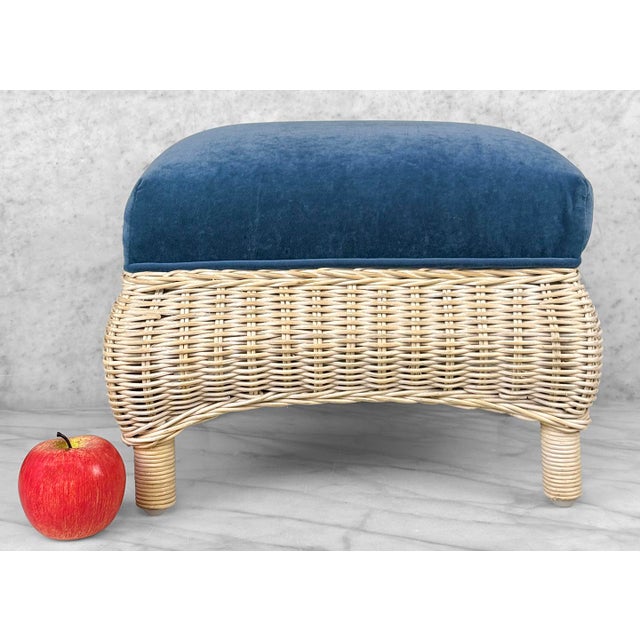 Original 1970's Coastal Wicker Ottoman Natural Woven Wicker with Original Ivory White Finish Blue Suede Upholstered...