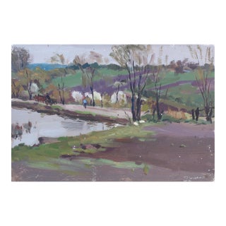 Antique Impressionism Oil Painting, Ukrainian Rural Landscape Art, 1982 34-50 For Sale
