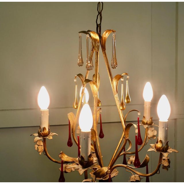 French Chandelier with Coloured Crystal Teardrops, 1920 For Sale - Image 4 of 8