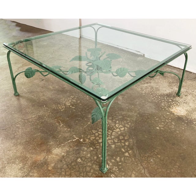 Vintage Green Leaf Motif Iron Glass Top Coffee Table For Sale In Kansas City - Image 6 of 9