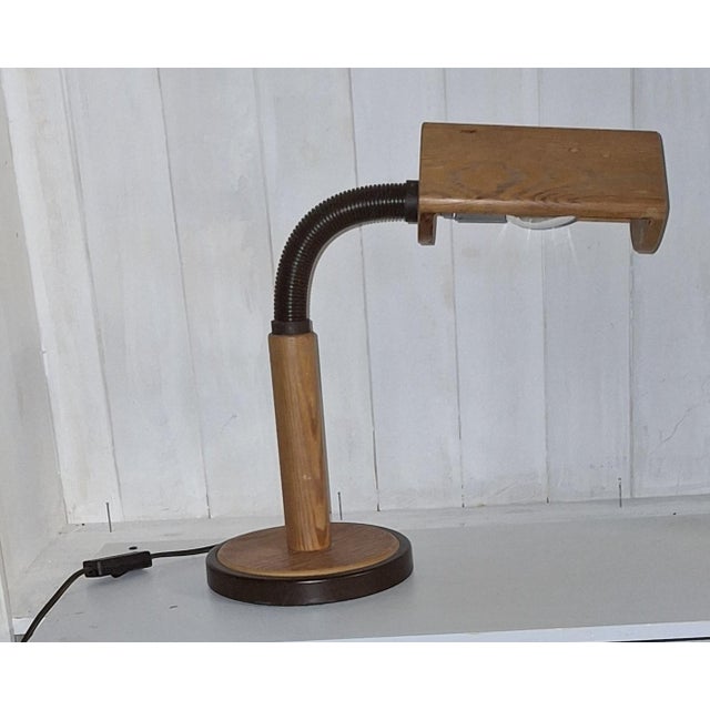 Vintage Adjustable Desk Lamp with Pine and Brown Metal Frame, 1970s For Sale - Image 4 of 7