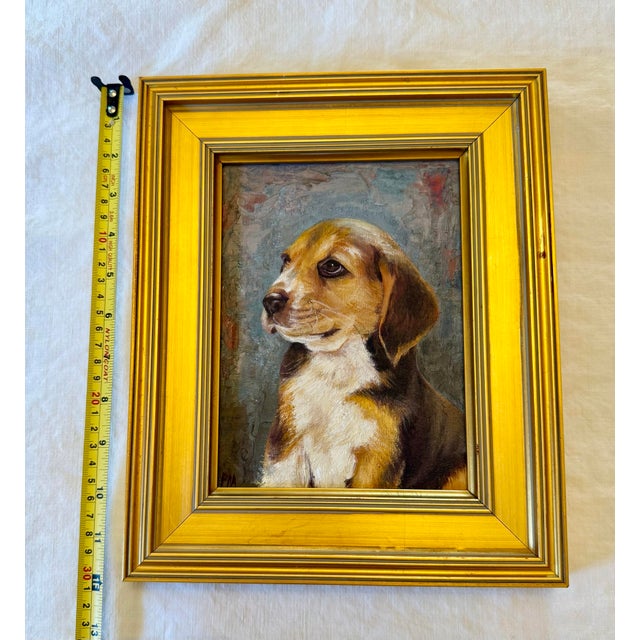 Contemporary Gold Wood Framed Oil on Board Portrait ÄúBeagle PuppyÄù Artist Signed Pm For Sale - Image 10 of 12