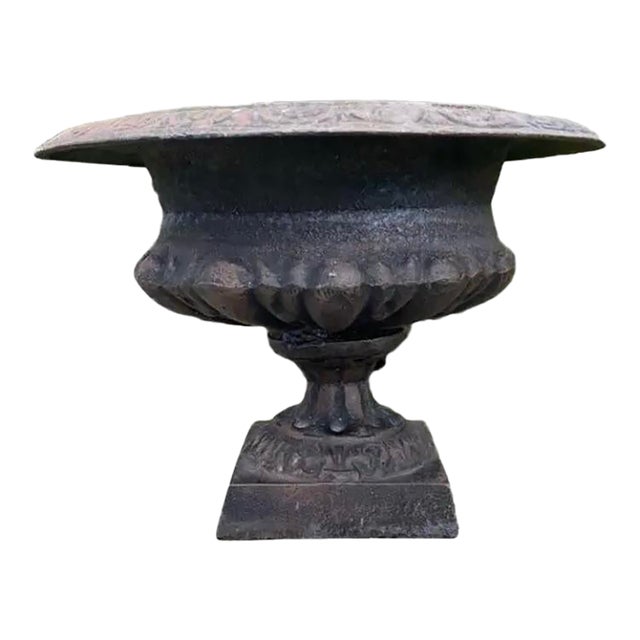 Antique French Cast Iron Garden Urn Planter With Decorative Relief For Sale